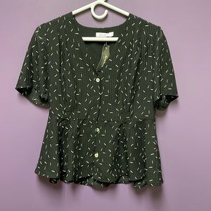 MOD REF bfearless V-Neck Button Down Printed Peplum Black Top